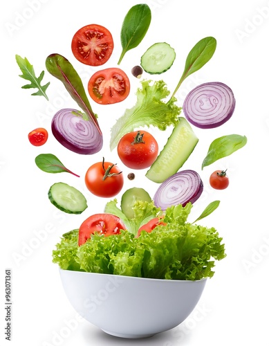 Fresh Salad Ingredients Falling into a Bowl