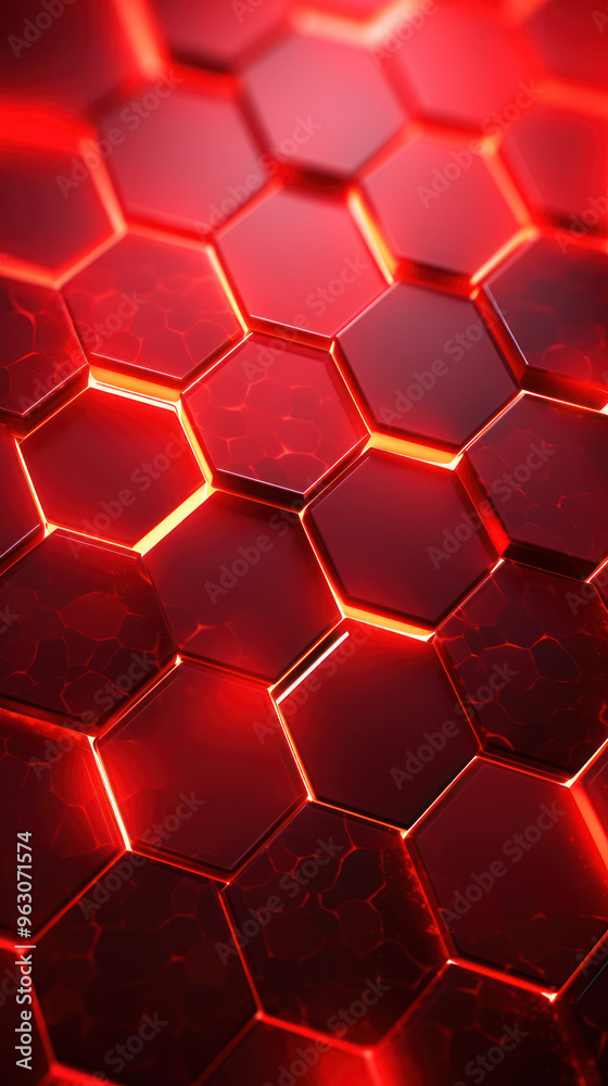 Red hexagon background. Close-up a surface made up of hexagonal shapes, honeycomb pattern. Illuminated outlines. Depth and three-dimensional. Geometric, futuristic and modern design. Red hexagon background. Close-up a surface made up of hexagonal shapes, honeycomb pattern. Illuminated outlines. Depth and three-dimensional. Geometric, futuristic and modern design.
