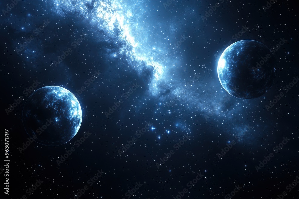 Obraz premium Ethereal celestial landscape with planets and cosmic clouds