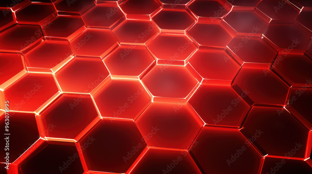 Red hexagon background. Close-up a surface made up of hexagonal shapes, honeycomb pattern. Illuminated outlines. Depth and three-dimensional. Geometric, futuristic and modern design. Red hexagon background. Close-up a surface made up of hexagonal shapes, honeycomb pattern. Illuminated outlines. Depth and three-dimensional. Geometric, futuristic and modern design.