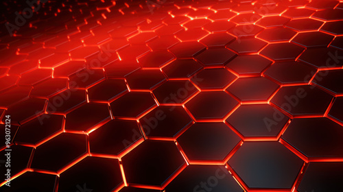 Red hexagon background. Close-up a surface made up of hexagonal shapes, honeycomb pattern. Illuminated outlines. Depth and three-dimensional. Geometric, futuristic and modern design.