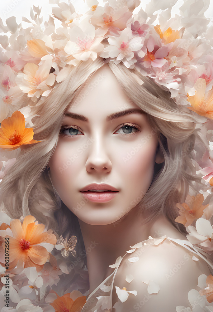 Blooming Beauty: A stunning portrait of a young woman adorned with delicate blossoms, her ethereal beauty captured in a soft, ethereal light. Blooming Beauty: A stunning portrait of a young woman adorned with delicate blossoms, her ethereal beauty captured in a soft, ethereal light.