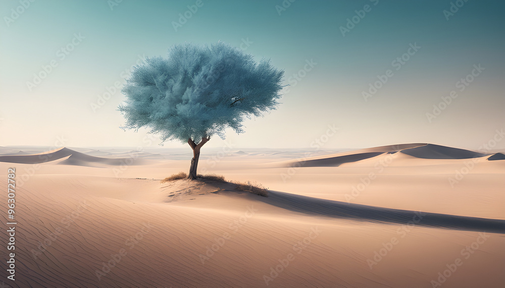 Azure Oasis: A lone blue tree thrives in a sun-drenched desert, casting a long shadow on the undulating dunes. Azure Oasis: A lone blue tree thrives in a sun-drenched desert, casting a long shadow on the undulating dunes.