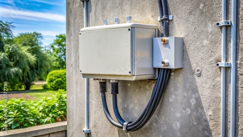A weatherproof electrical junction box is mounted on the exterior concrete wall, ensuring a reliable connection for