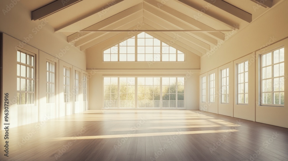 Sunlit Empty Room with Exposed Beams and Large Windows Sunlit Empty Room with Exposed Beams and Large Windows