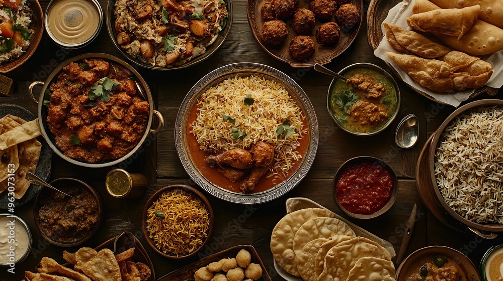 A spread of delicious Indian dishes perfect for a Ramadan feast. You'll find favorites like biryani, chicken curry, samosas, and more. A spread of delicious Indian dishes perfect for a Ramadan feast. You'll find favorites like biryani, chicken curry, samosas, and more.