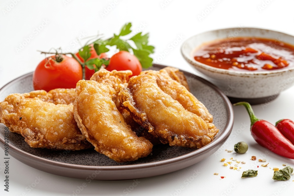 A plate of fried food with a bowl of sauce next to it A plate of fried food with a bowl of sauce next to it