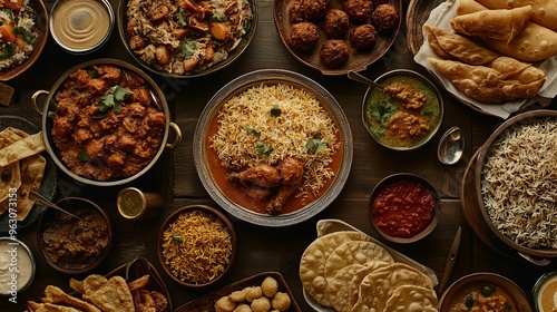 A spread of delicious Indian dishes perfect for a Ramadan feast.  You'll find favorites like biryani, chicken curry, samosas, and more.