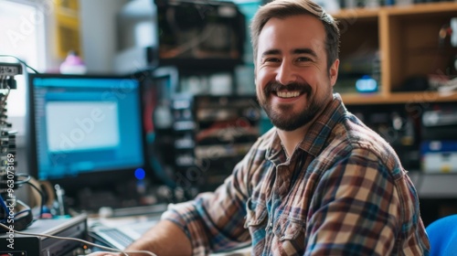 Smiling Man Working on Computer in Home Office