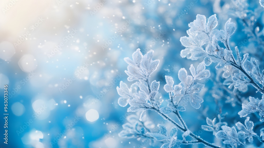 Frosty Winter Leaves on Blue Background Frosty Winter Leaves on Blue Background