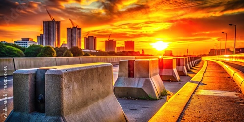 Concrete barriers in an urban setting at sunset with a bold colorful icon in the foreground capturing 
