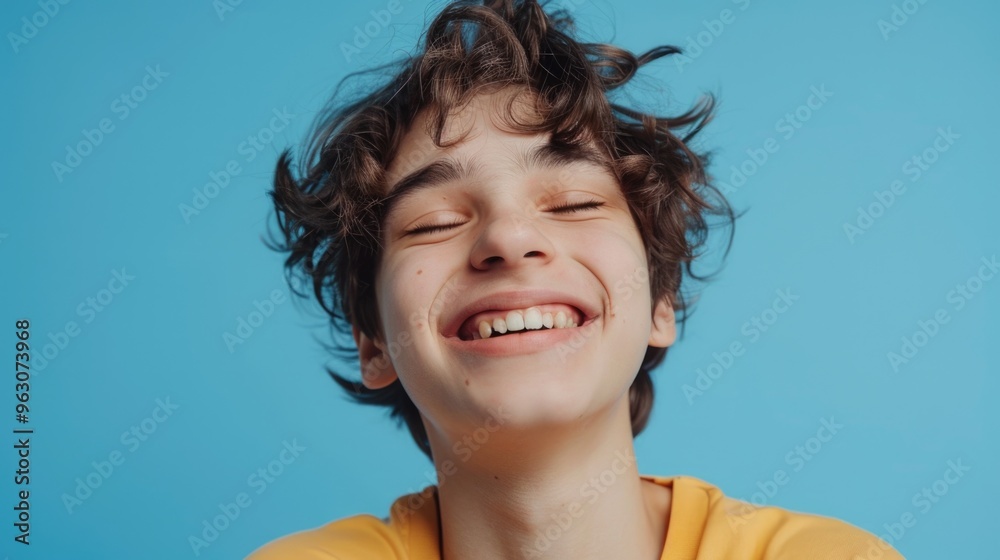 A young man with curly hair is smiling and looking at the camera A young man with curly hair is smiling and looking at the camera