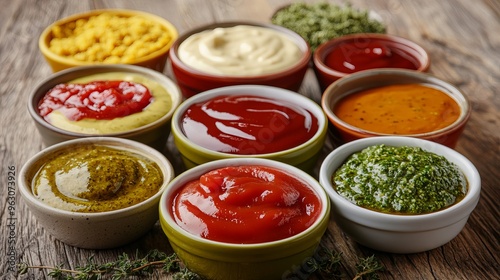 A variety of dipping sauces are arranged in bowls, showcasing their different colors and textures. They include pesto, ketchup, BBQ sauce, mustard, marinara sauce,