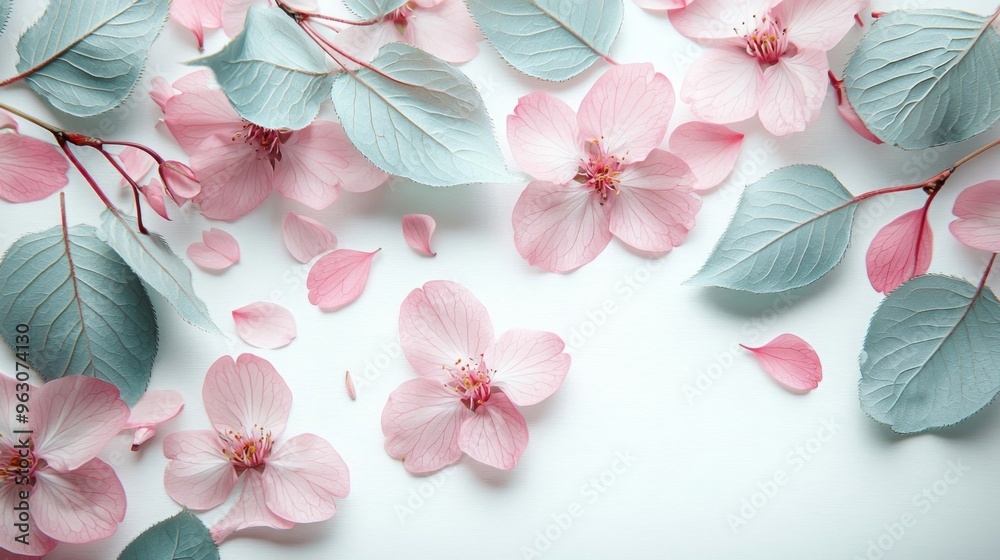 Delicate Pink Flowers and Green Leaves on White Background Delicate Pink Flowers and Green Leaves on White Background