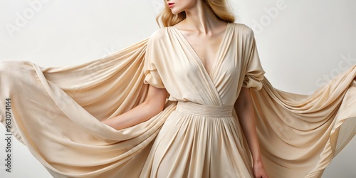 Beige fabric creates a flowing design, delicate folds and subtle sheen giving it an air of understated sophistication,