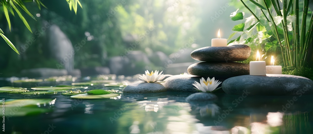 Zen Garden Pond with Candles and Water Lilies Zen Garden Pond with Candles and Water Lilies