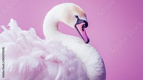 Fototapeta Naklejka Na Ścianę i Meble -  A white swan with pink feathers is standing on a pink background