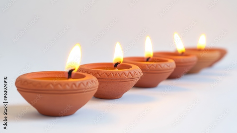 A row of small clay pots with candles in them A row of small clay pots with candles in them