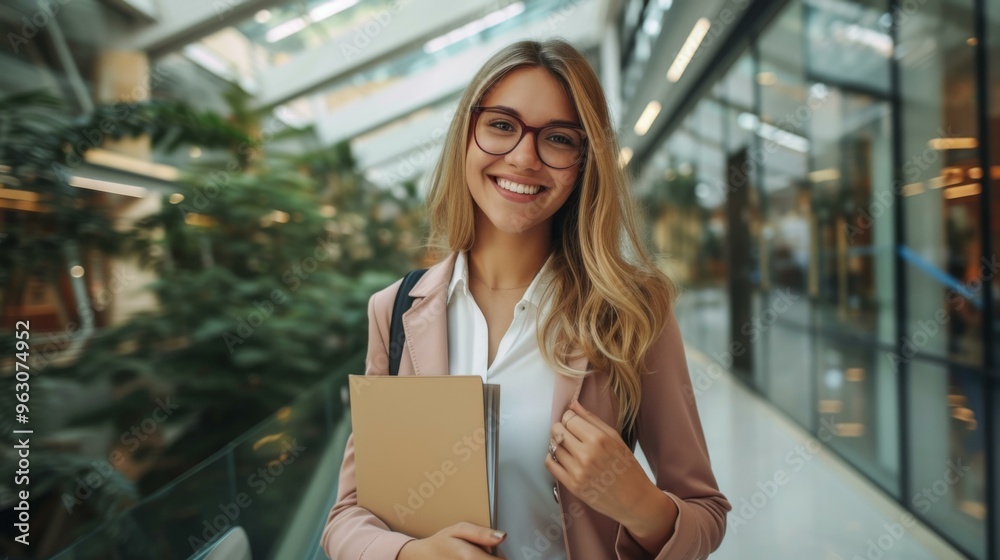 Smiling Woman in Glasses Holding a Folder in Modern Office Building Smiling Woman in Glasses Holding a Folder in Modern Office Building