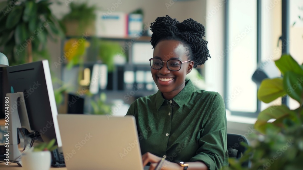 Smiling Businesswoman Working on Laptop in Office Smiling Businesswoman Working on Laptop in Office