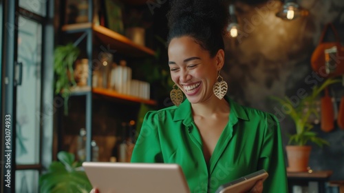 Happy Woman Using Tablet, Smiling and Laughing