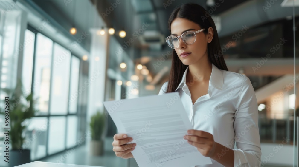 Businesswoman Reading Document in Office Setting Businesswoman Reading Document in Office Setting