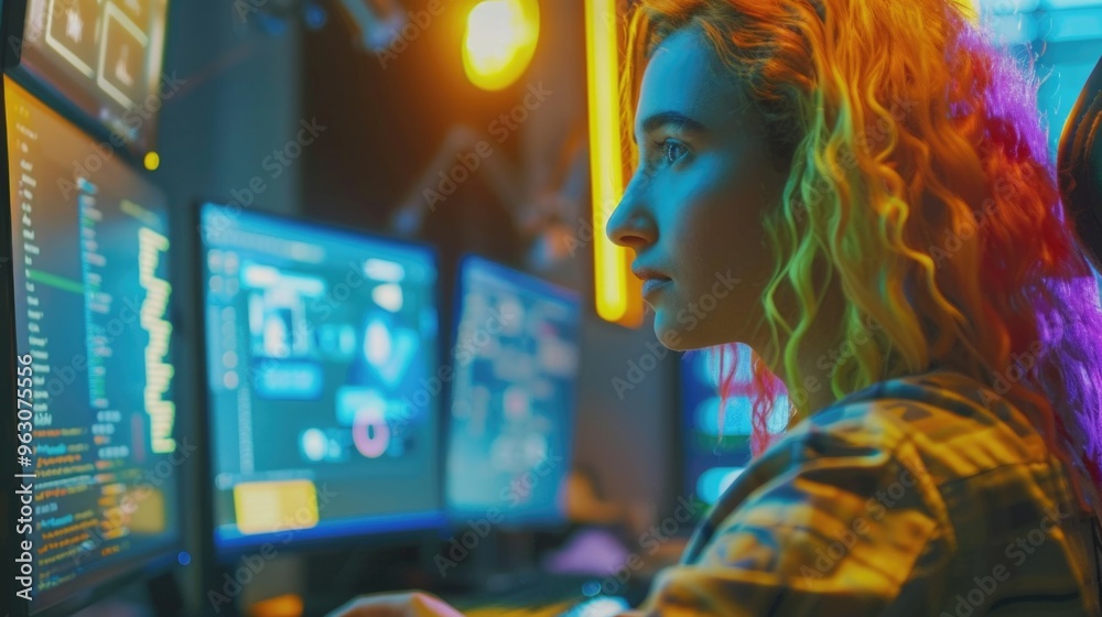 A woman with rainbow hair is sitting in front of a computer with a monitor in fr A woman with rainbow hair is sitting in front of a computer with a monitor in fr
