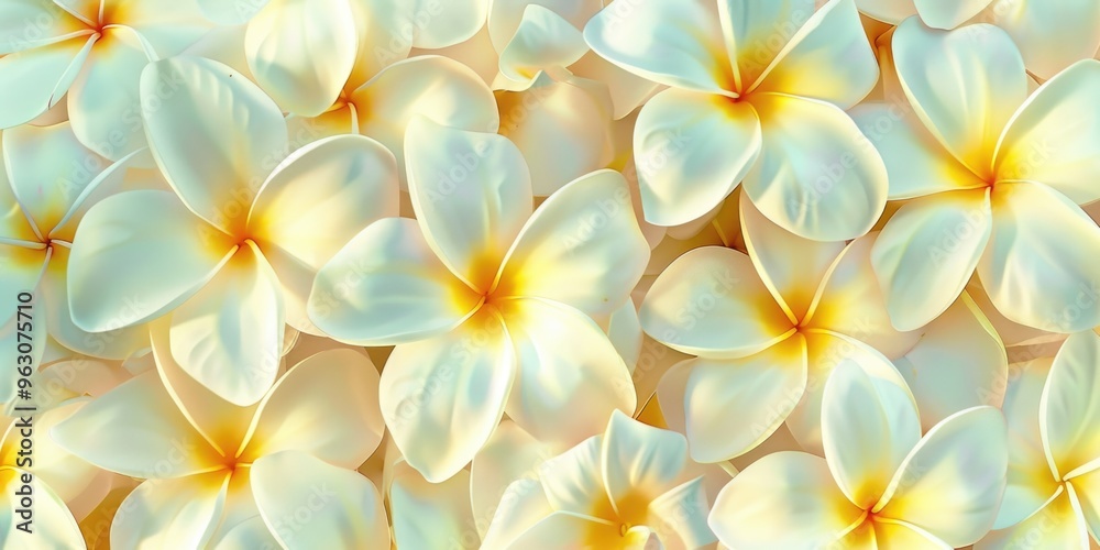 A close up of a bunch of white flowers with yellow centers A close up of a bunch of white flowers with yellow centers