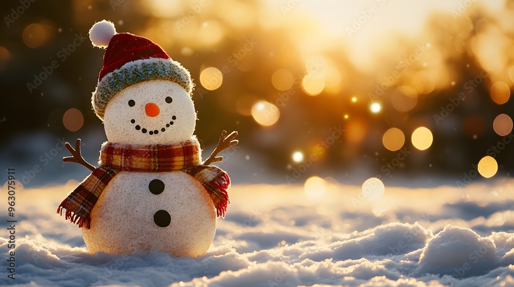 Happy Snowman in Red Santa Hat on Snowy Winter Background Happy Snowman in Red Santa Hat on Snowy Winter Background