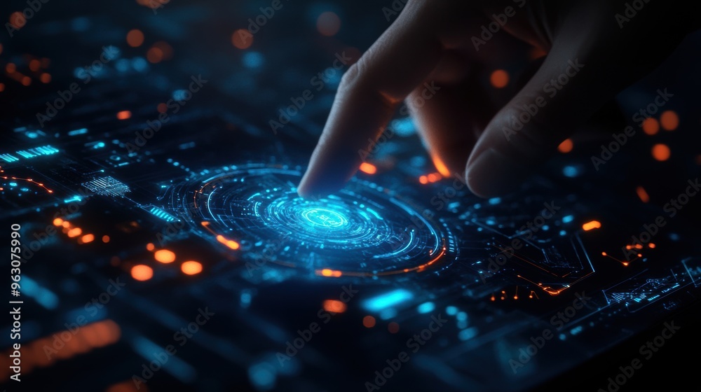 A futuristic hologram interface with interactive projections in a dark room, glowing in neon blue. The user interacts with virtual buttons, creating an immersive and high-tech experience. A futuristic hologram interface with interactive projections in a dark room, glowing in neon blue. The user interacts with virtual buttons, creating an immersive and high-tech experience.