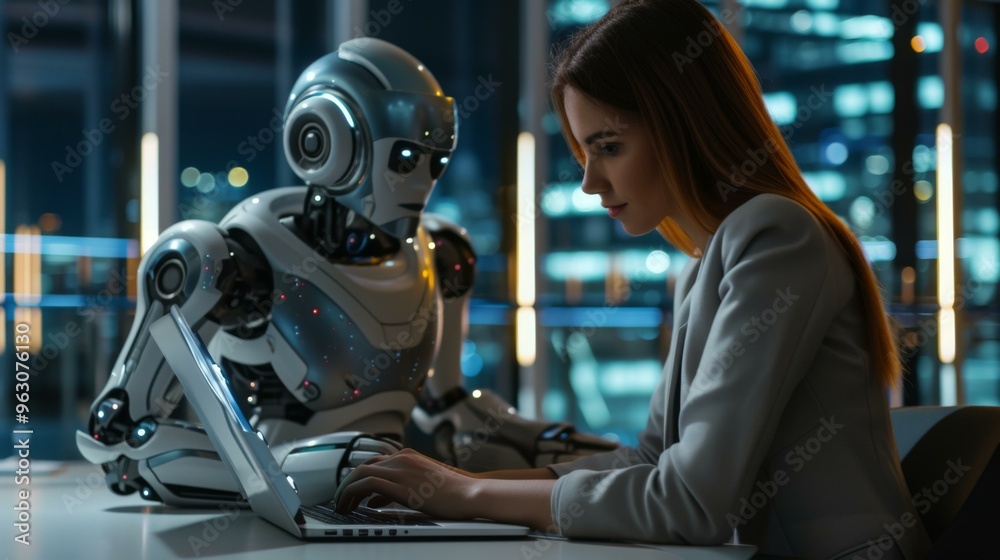 Fototapeta premium Human and Robot Working Together on a Laptop: The Future of Technology