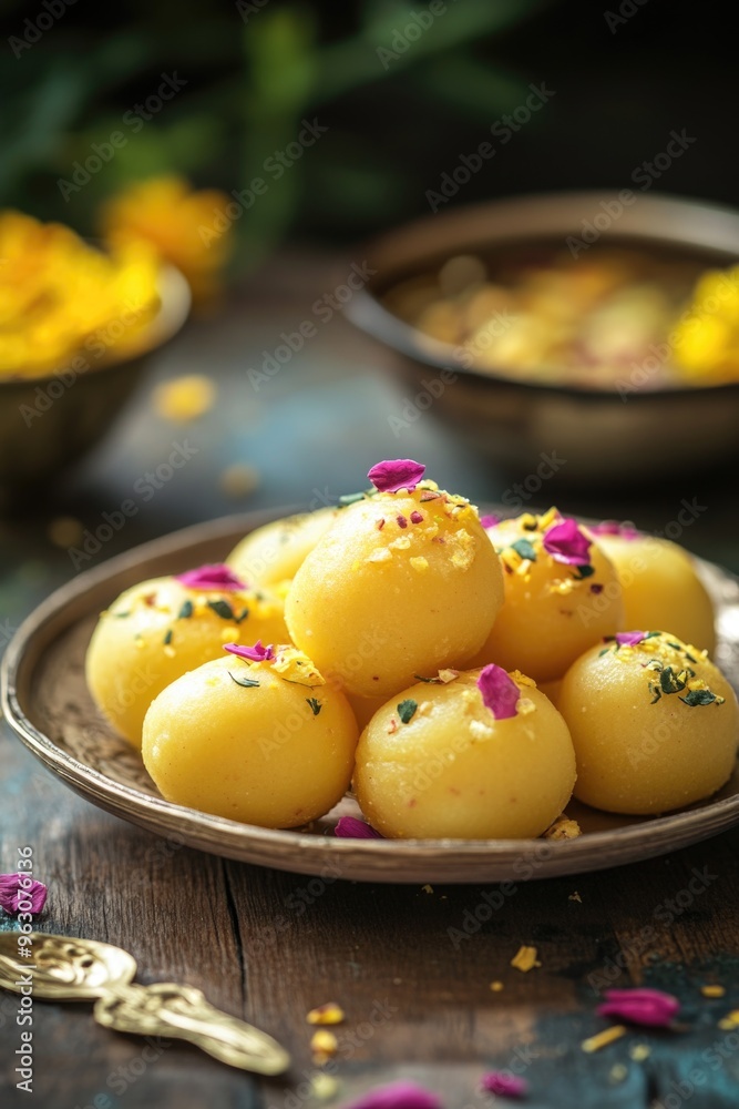 A plate of yellow balls with pink flowers on top A plate of yellow balls with pink flowers on top