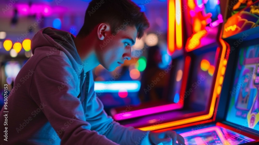 Young Man Playing Arcade Game with Neon Lights Young Man Playing Arcade Game with Neon Lights