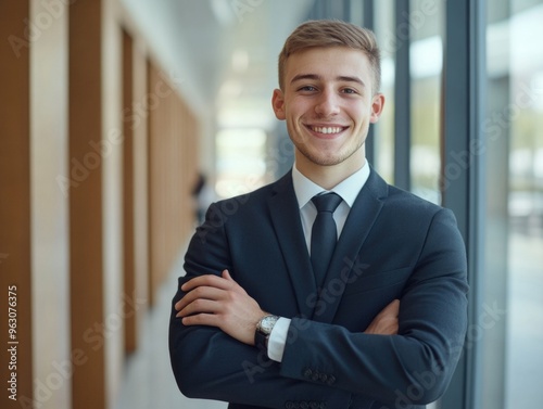 A young man in a suit and tie is smiling and posing for a photo