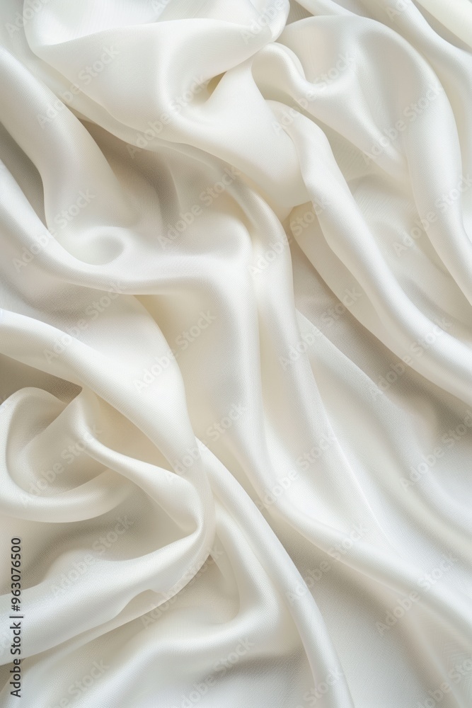 White fabric close-up, folded in half, reveals intricate pattern and design. Smooth fabric with slight wrinkles creates sense of depth. Blurred background focuses on details.