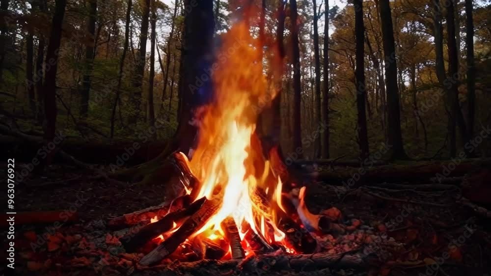 Wood fire in woods with trees. Campfire burning in forest. Forest campfire with bright flames in daylight. Wood fire in woods with trees. Campfire burning in forest. Forest campfire with bright flames in daylight.