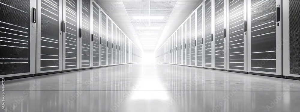 A sleek, modern data center corridor illuminated by bright lights, showcasing advanced server architecture and reflective floors. A sleek, modern data center corridor illuminated by bright lights, showcasing advanced server architecture and reflective floors.