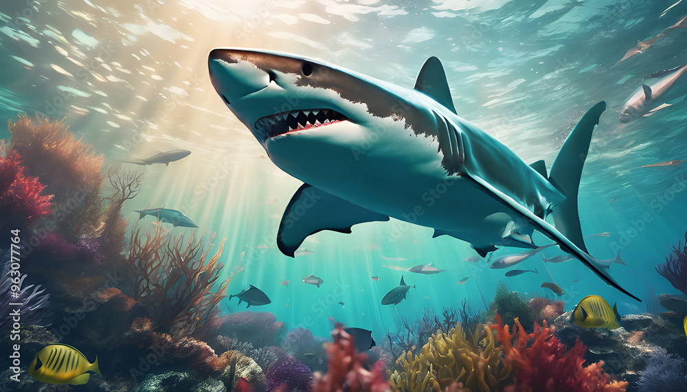 Apex Predator: A majestic great white shark, its powerful jaws agape, cuts through the vibrant coral reef. The sunlight filters through the water, creating a dramatic ambiance. The scene evokes both a
