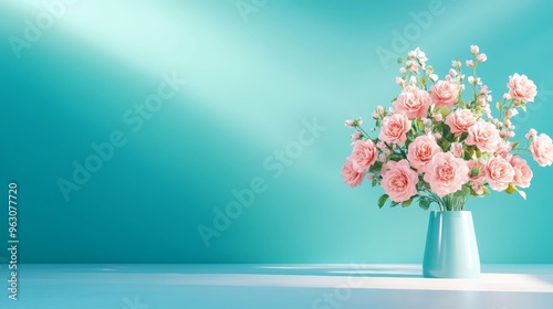 Pink Roses in a Blue Vase on a Turquoise Background