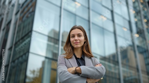 Free Download Confident Businesswoman Standing in Front of Modern Building - GFXLoad