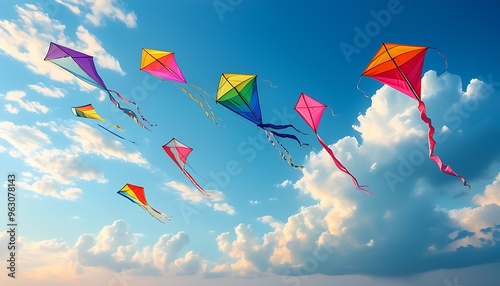 In the blue sky, colorful kites fly among the gentle clouds, showing a beautiful picture, like a dreamlike scene. photo