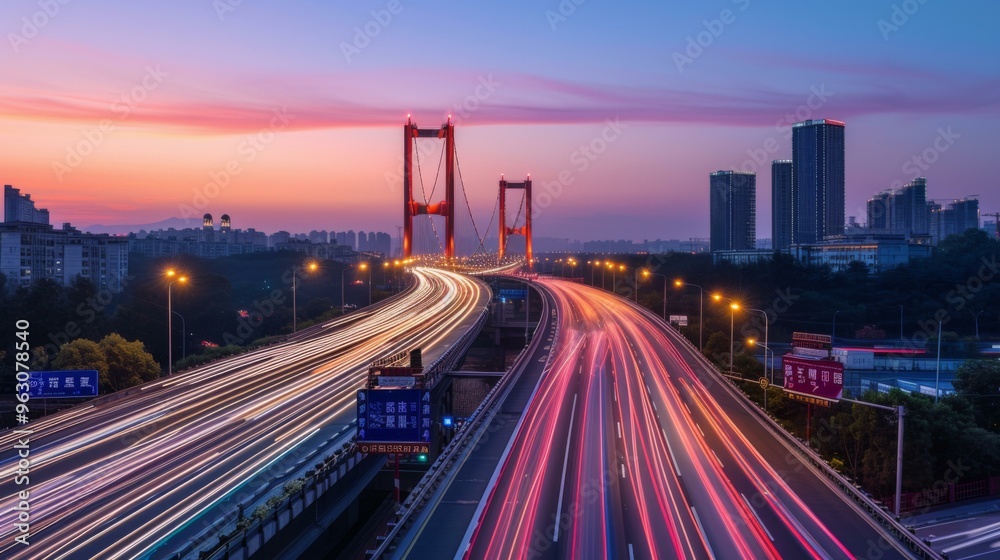 Obraz premium Cityscape with Bridge and Traffic at Sunset