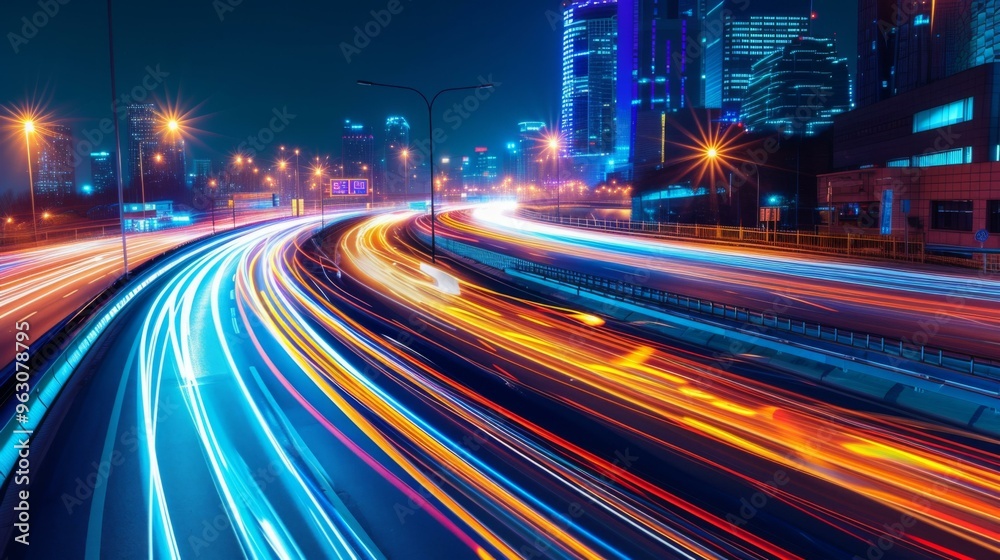 Night City Highway with Light Trails and City Skyline