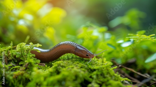 Close-up of a Worm on Moss in a Rainforest