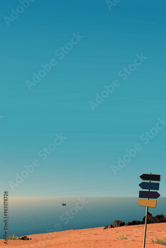 Minimalist seascape view from cliff with blank direction signboard pole have blue sky vertical background graphic illustration.