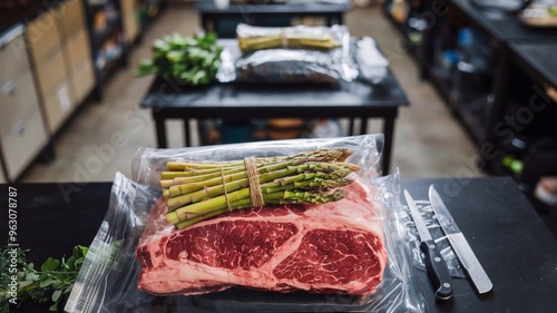 meat and asparagus vacuum sealed on black table from above photo