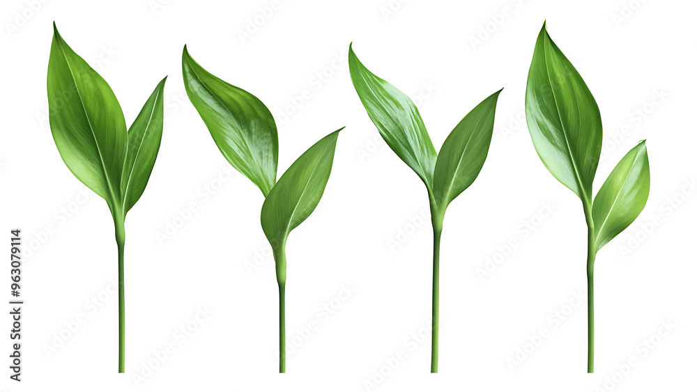 Obraz premium Four green leaf on a transparent background,Four Lily of the valley Leaf Isolated,Four Tropical Plant Leaves,leaf transparent png,Decoration work, green plants,Four green leafed plants, Ai 