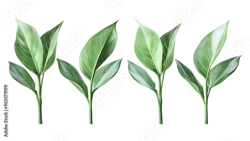 Four green leaf on a transparent background,Four Lily of the valley Leaf Isolated,Four Tropical Plant Leaves,leaf transparent png,Decoration work, green plants,Four green leafed plants, Ai