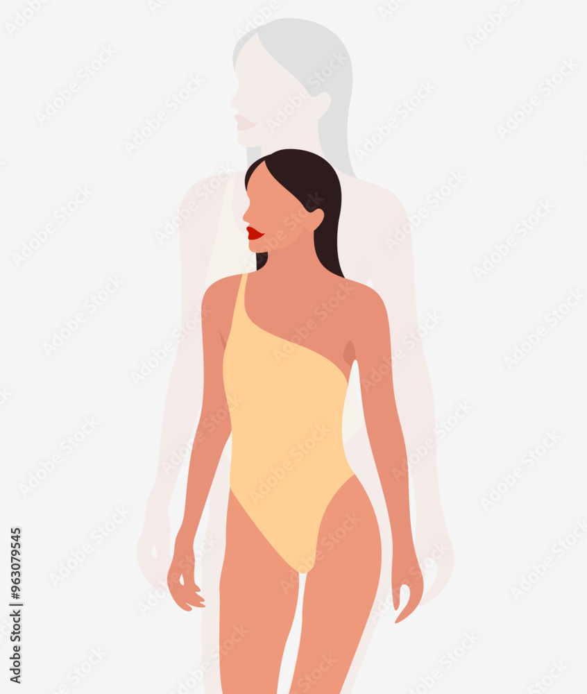 Fototapeta premium Illustration of woman in swimming costume on light grey background.
