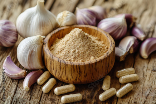 Garlic bulbs, powder and pills are sitting on a rustic wooden table, suggesting a natural approach to health and wellness photo